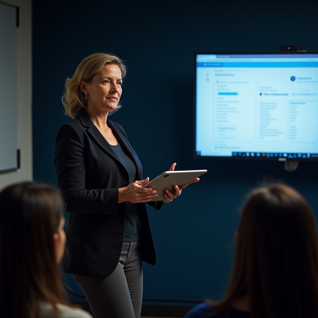 Instructor explaining AFIP invoicing concepts to a small group at a professional training space