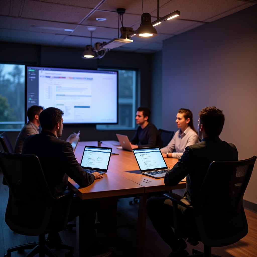 Small group workshop with participants at computers in a professional setting