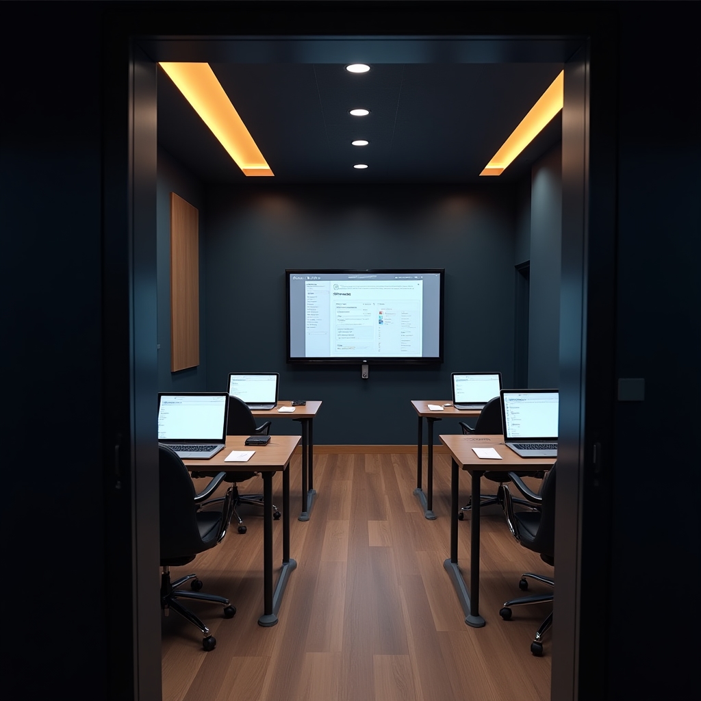 Professional training room with computers and good lighting prepared for an AFIP invoicing workshop